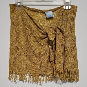 Vintage Baja Blue Gold Crochet Fringe Skirt Sarong Bathing Suit Coverup Large